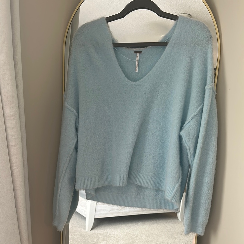 Free People Blue V-Neck Sweater Relaxed Fit